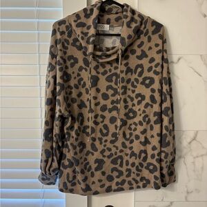 MOD Leopard Print Cowl Neck Pullover - Taupe/Charcoal